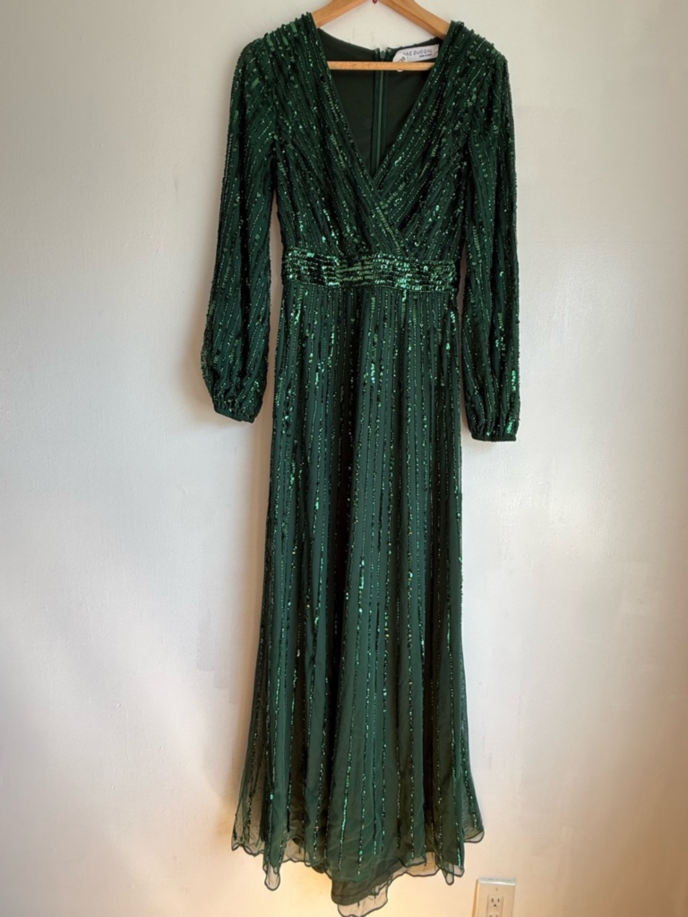 Mac Duggal Deep Green Beaded Long-Sleeve Evening Gown Size 6 New - Picture 4 of 14
